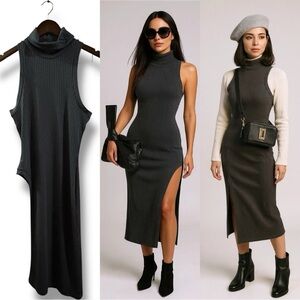 231 Nasty Gal |NWOT Bulgaria Charcoal Sleeveless Ribbed Turtleneck Dress(Sz S)